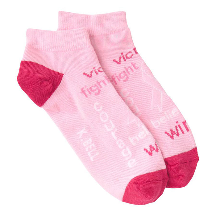 Pair of pink ankle socks. The socks feature a darker pink heel and toe, and inspirational words in a faded pink print. }}