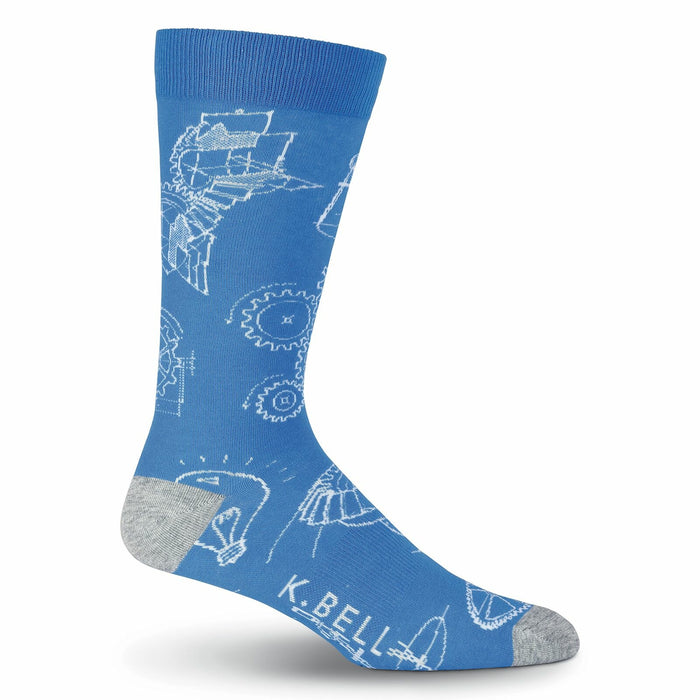 Blue crew socks with a white blueprint design featuring gears, lightbulbs, and mechanical drawings. Grey heel and toe. }}