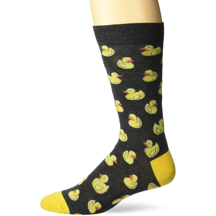 Crew socks, dark gray with yellow rubber duck pattern, yellow heel and toe. }}