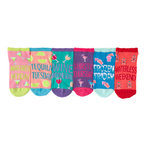 Six ankle socks shown in a row. Each sock has a different color and features a cocktail-themed design with text like 'Margarita Monday'.