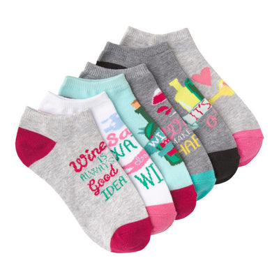 Six no-show socks in gray, white, teal, and pink.  Designs include wine bottles, glasses, hearts and phrases like 'Wine is always a good idea'.