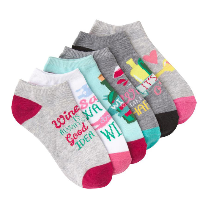 Six no-show socks in gray, white, teal, and pink. Designs include wine bottles, glasses, hearts and phrases like 'Wine is always a good idea'. }}