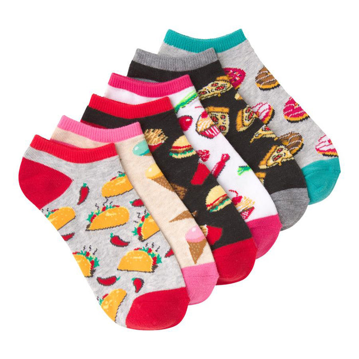 Six-pack of ankle socks featuring various food patterns.  Main colors include gray, red, pink, black, and teal.  Designs include tacos, pizza, burgers, ice cream. }}