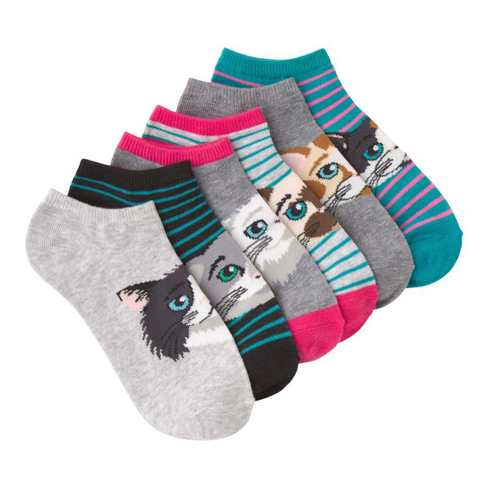Six pairs of grey ankle socks with teal and pink stripes. Each sock shows a different cute cat face graphic. }}