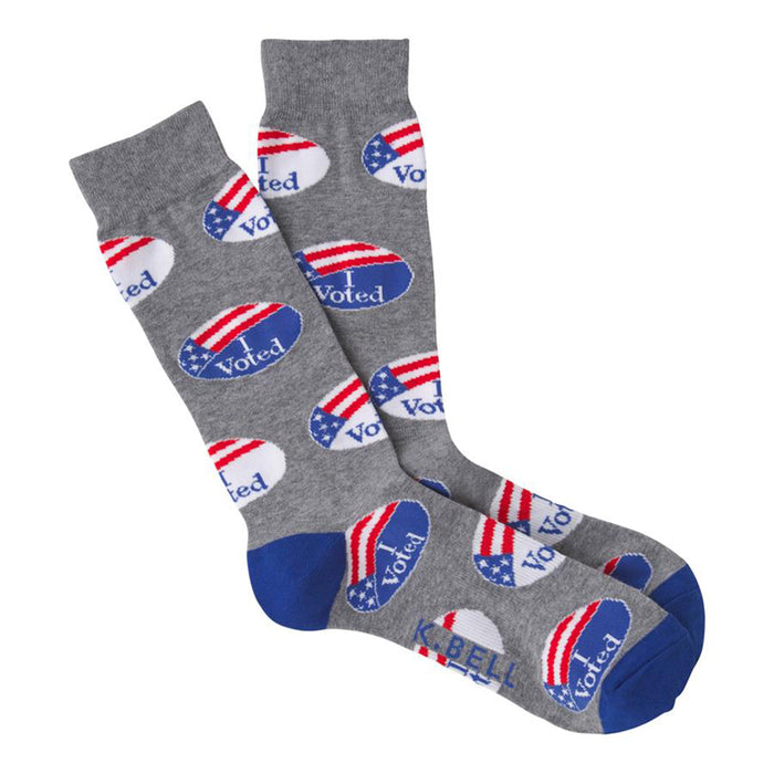 Gray crew socks with a repeating pattern of blue and red 'I Voted' stickers. The toe and heel are royal blue. }}