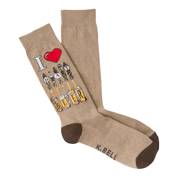 Tan crew socks with a brown cuff. The design includes 'I heart Draft Beer' and a graphic of beer taps and glasses.