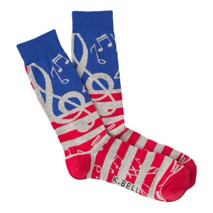 Crew socks in red, gray, and blue. The socks feature musical notes and treble clefs on a striped background. }}