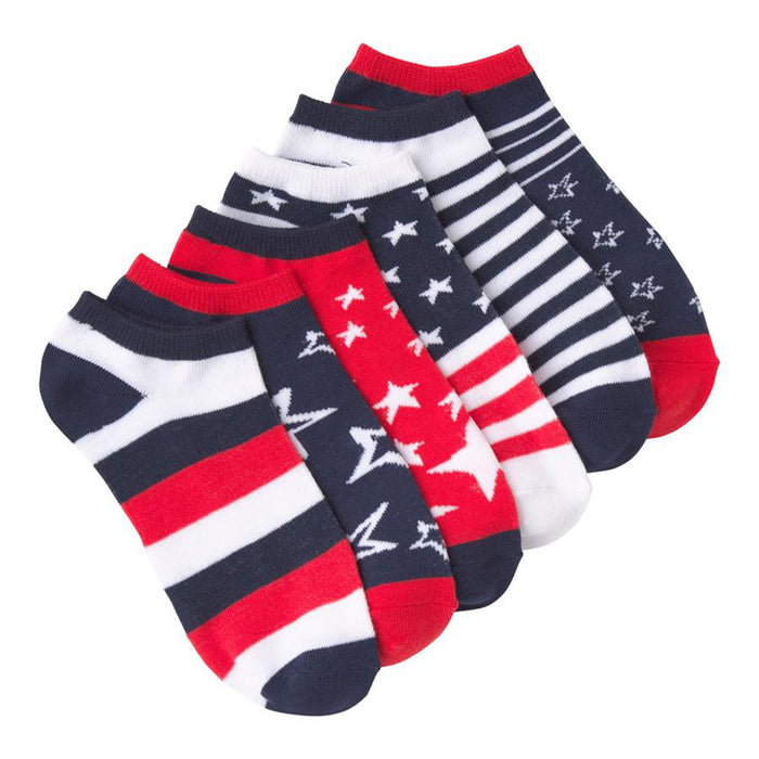 Six low-cut ankle socks in a pile. Red, white, and navy blue stripes and star patterns are visible. }}