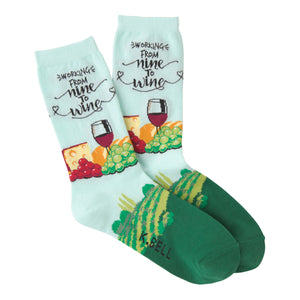 Crew socks in light blue and green. Design features wine, cheese, grapes, and the text 'Working from Nine to Wine'.