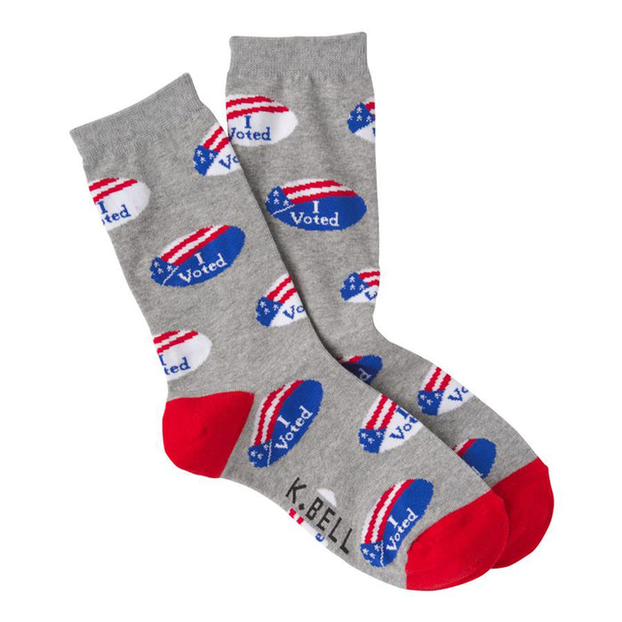 Crew socks in gray with a pattern of small red, white, and blue 'I Voted' stickers. The heel and toe are red. }}