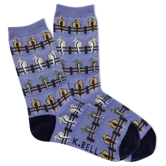 Crew socks in periwinkle blue with a repeating pattern of horses' rear ends peeking over brown fences. Horses are beige, light gray, and tan. }}