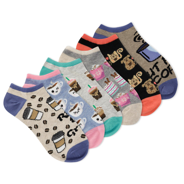 Six low-cut ankle socks, assorted colors and coffee-themed designs: coffee cups, coffee beans, and cartoon animals. }}