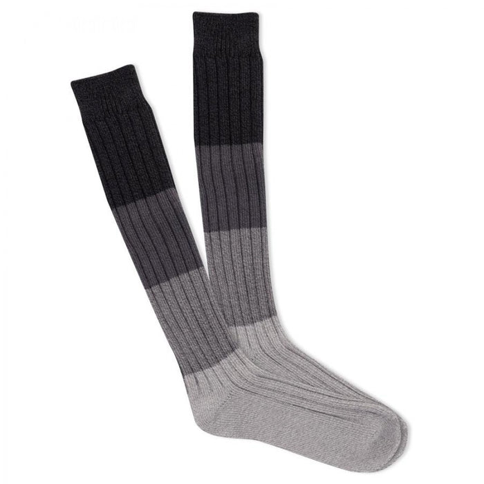 Pair of knee-high socks in a marl block pattern. The socks are primarily gray and black with a subtle color gradient. }}