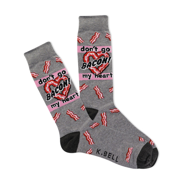 Crew socks in grey with a pattern of bacon strips. A pink banner reads 'Don't go Bacon! My heart', with a bacon-shaped heart. }}