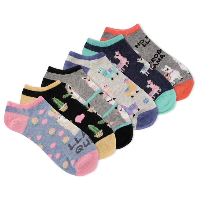 Six pairs of women's no-show socks. Designs include colorful llamas, cacti, and stripes on various pastel backgrounds. }}