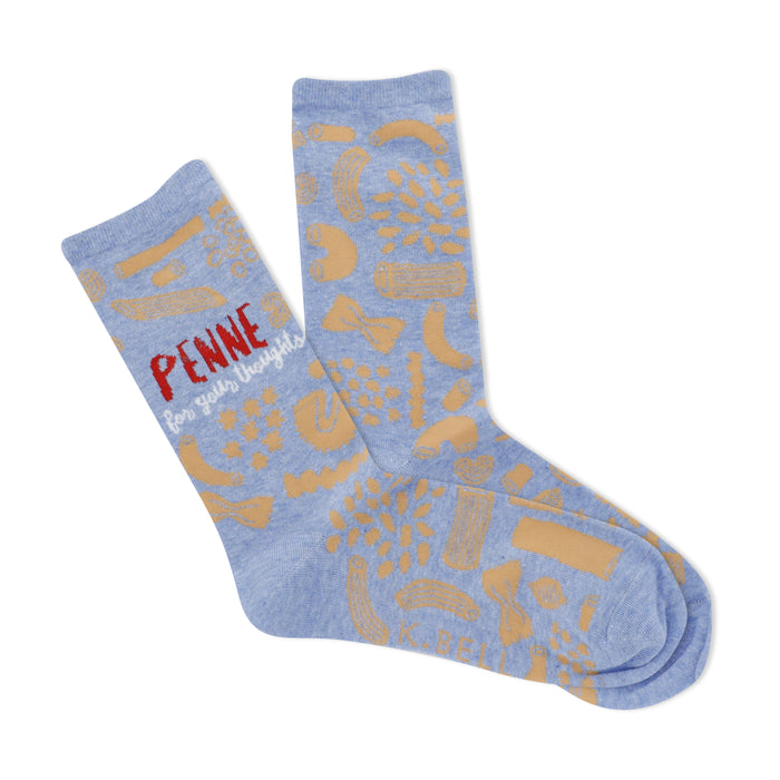 Pair of crew socks, light blue with a tan penne pasta pattern. 'Penne for your thoughts' is embroidered on one sock. }}