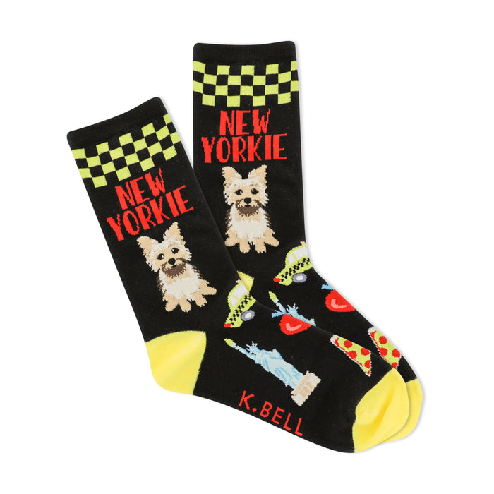 Crew socks in black and yellow. Feature Yorkie dogs, NYC taxis, Statue of Liberty, pizza, and a checkered pattern. }}