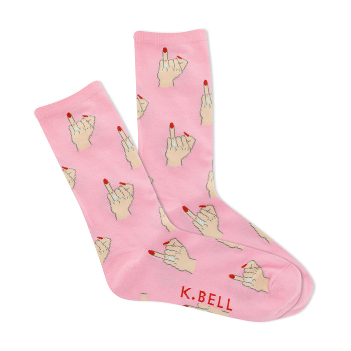 Pair of pink crew socks with a repeated pattern of cartoon hands giving the middle finger, each with red nails and a ring. }}