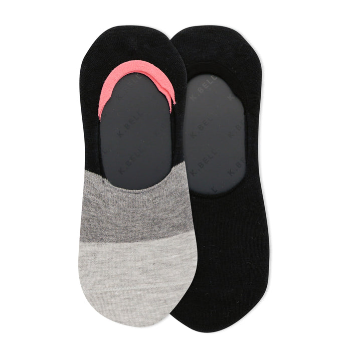 Pair of women's no-show socks. One black and grey with coral detail, the other is white and blue. Horizontal colorblock stripes.