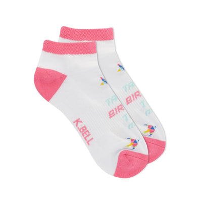 Pair of white no-show socks with pink accents. Features a repeating 'Talk Birdie' text pattern and small colorful bird icons.