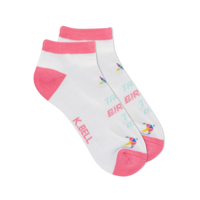Pair of white no-show socks with pink accents. Features a repeating 'Talk Birdie' text pattern and small colorful bird icons. }}