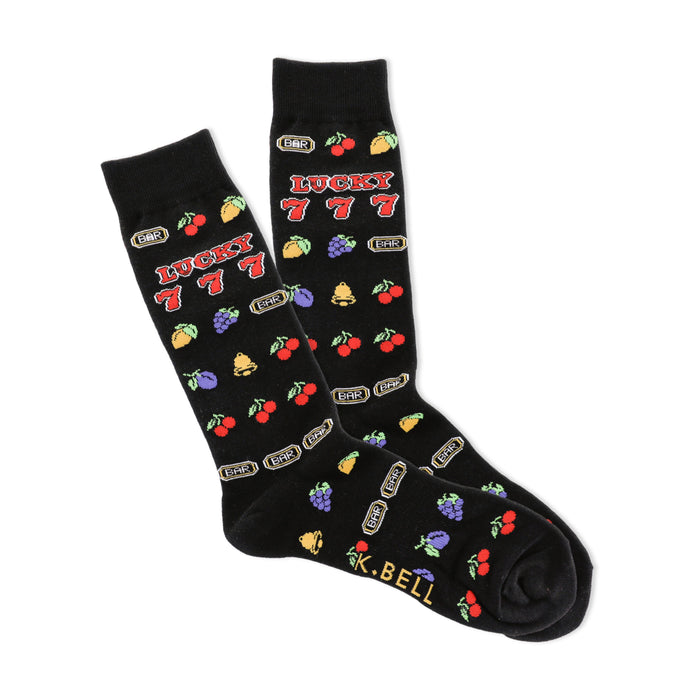 Black crew socks with a slot machine design.  Features red, yellow, purple fruit symbols, 'Lucky 777', and gold 'BAR' graphics. }}