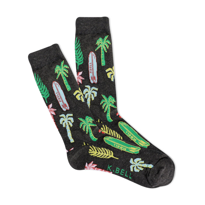 Crew socks in dark gray with a repeating pattern of palm trees, surfboards, and tropical leaves in bright teal, green, pink, and yellow. }}