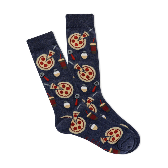 Pair of navy blue crew socks with a repeating pattern of pizza slices, pizza cutters, and soda cups.  }}