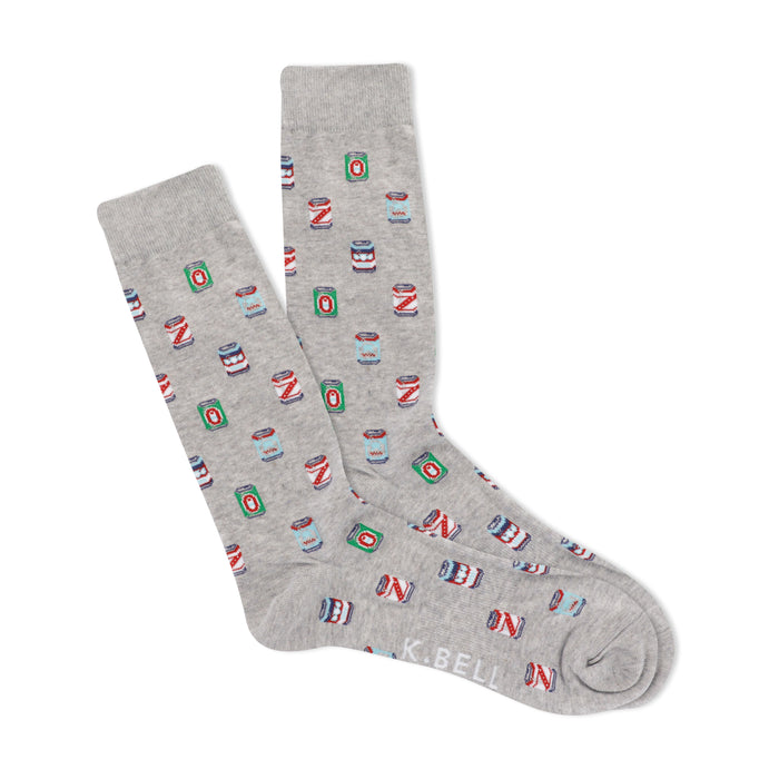 A pair of gray crew socks with a repeating pattern of small illustrated beer cans in various colors. The brand's name is visible. }}