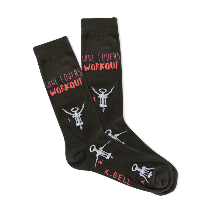 A pair of dark-greenish brown crew socks. The socks have a 'Wine Lovers Workout' design with illustrated corkscrews and numbers 1-3. }}