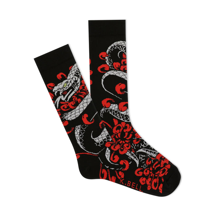 Black crew socks with a detailed Japanese-style tattoo print of a grey snake and red chrysanthemum flowers.  }}