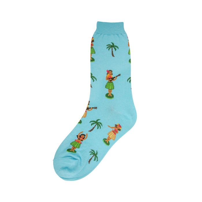 Crew socks in light blue featuring a repeating pattern of hula dancers in green skirts and palm trees. }}