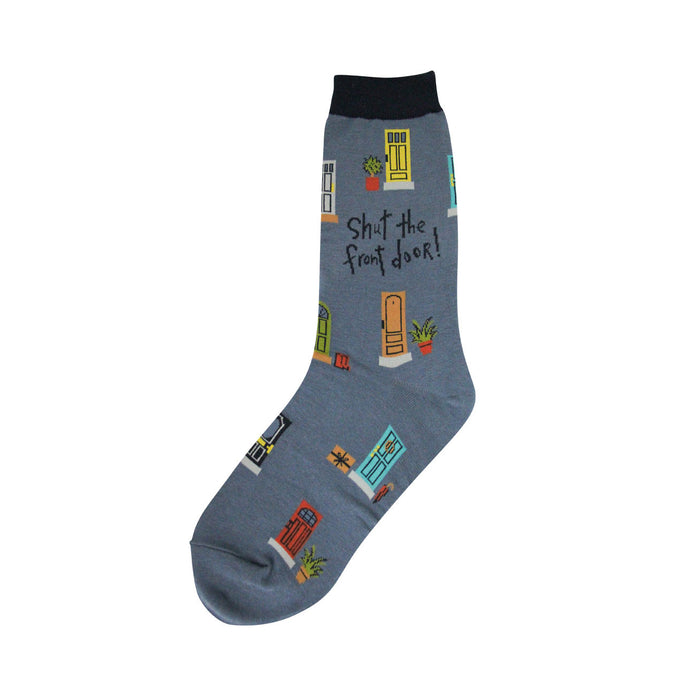 Crew socks in grayish-blue featuring a colorful door pattern and the text 'Shut the Front Door!'  Navy blue cuff. }}