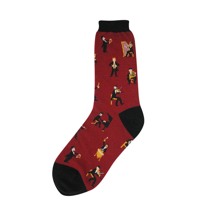 Crew socks in burgundy red with a repeating pattern of black and gold pixel art musicians playing various instruments. }}