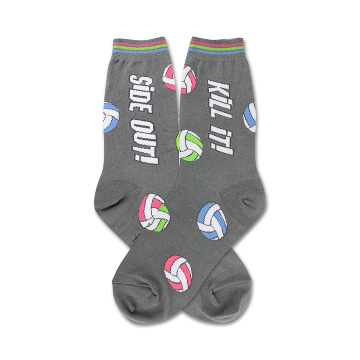 Gray crew socks with colorful volleyball graphic and 'Side Out!' and 'Kill It!' text. }}