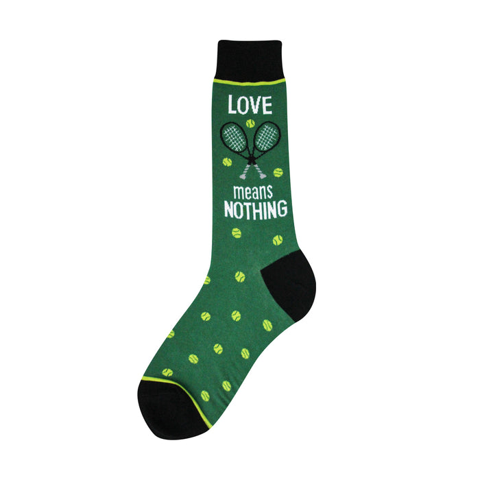 Men's crew socks, dark green with yellow tennis balls and crossed tennis rackets. Text reads 'LOVE means NOTHING'. }}