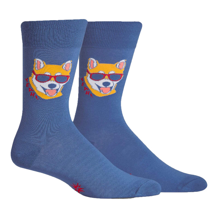 Pair of denim blue crew socks. Each sock features a graphic of a Shiba Inu dog wearing sunglasses, with small 'YEAH' text next to it. }}