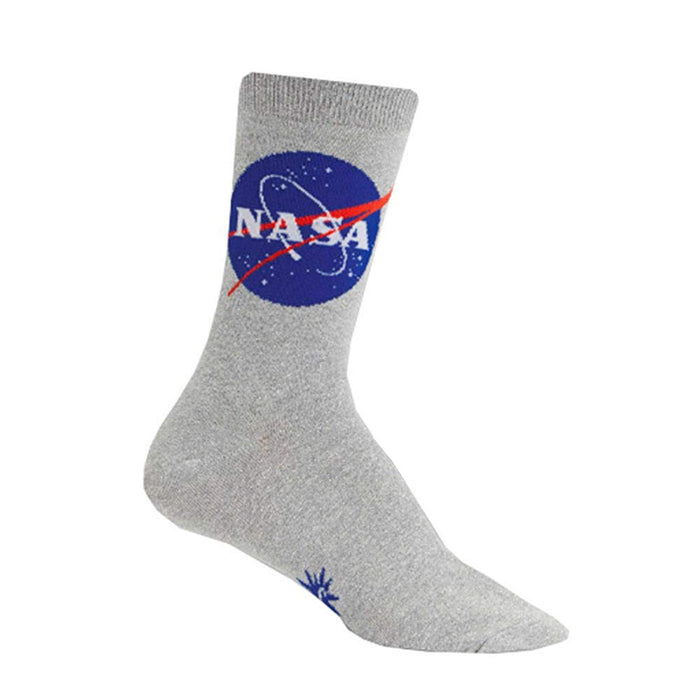 Crew socks in grey featuring the NASA logo in blue and red. A small additional design is visible near the toe. }}