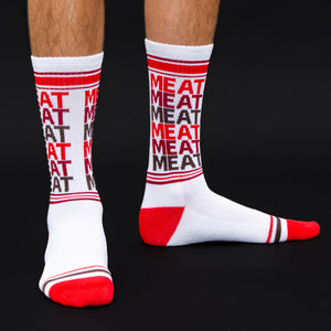 Close-up shot of the 'Meat' socks, showing the details of the design.