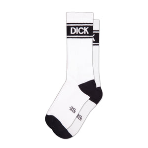 Pair of white crew socks with black heel and toe. A black band with 'DICK' in white lettering circles the top of the socks.