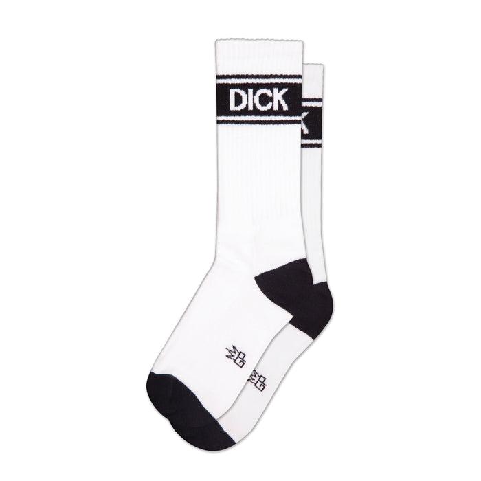 Pair of white crew socks with black heel and toe. A black band with 'DICK' in white lettering circles the top of the socks.