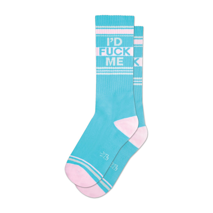Pair of pastel blue crew socks with a repeated 'I'D FUCK ME' pattern in a light-colored font and pink stripes.