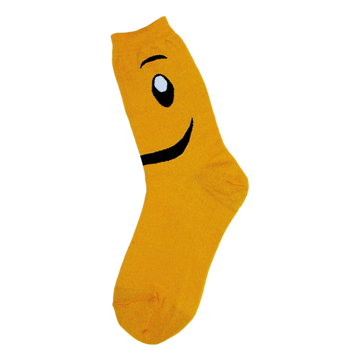 Crew socks in bright yellow with a black and white smiley face design on the top. }}