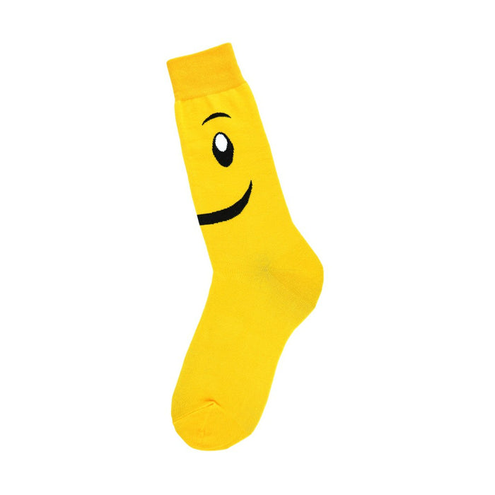 A single yellow crew sock with a simple black smiley face design. The sock is shown from the side. }}