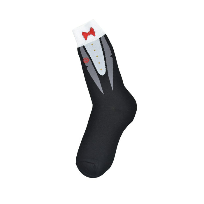A single black crew sock with a tuxedo design. The design shows a grey tuxedo front, white shirt, red bow tie and gold buttons. }}