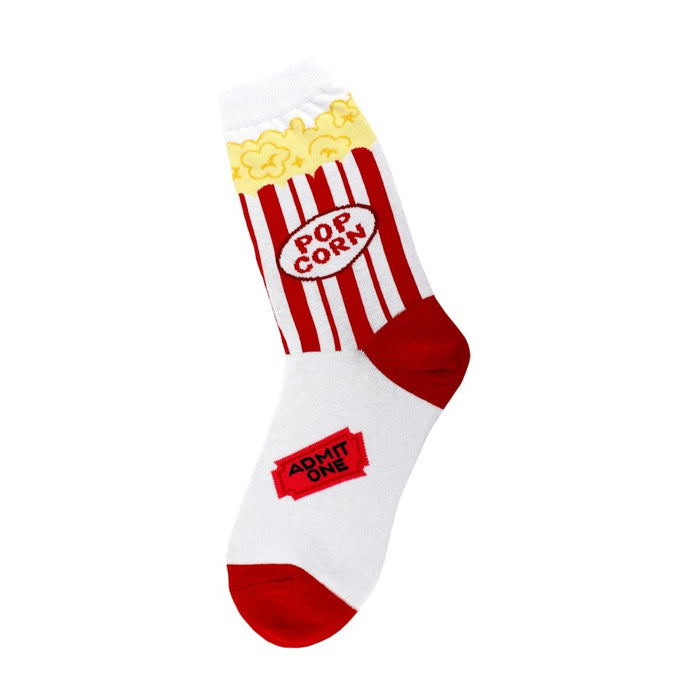 Crew sock with red and white popcorn bucket design and 'Admit One' ticket. Yellow popcorn. Red toe and heel. }}