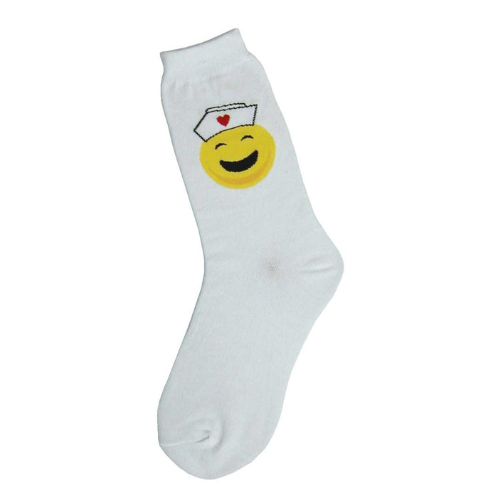 White crew socks with a yellow smiley face wearing a nurse's cap with a red heart.  A fun, simple design. }}