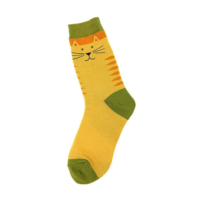 Crew socks in yellow with orange stripes and a cute kitty face at the top. Green accents on the toe and cuff. }}