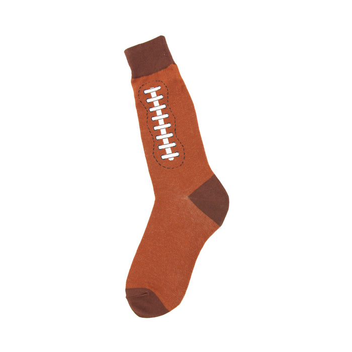 Brown crew socks with a white football lacing design on the side. The toe and cuff are a darker brown. }}