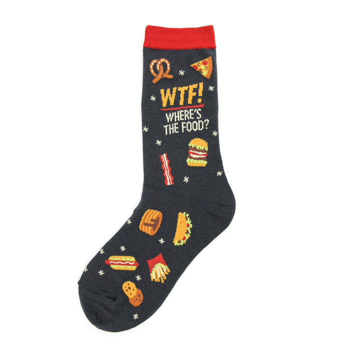 Crew socks, dark grey with red cuff. Features a 'WTF Where's The Food?' text and cartoon drawings of pizza, burgers, fries, and other food. }}